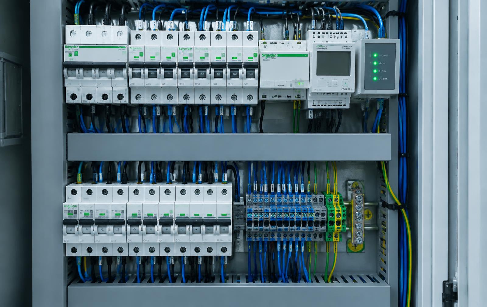 Elektriker som arbeider i et moderne sikringsskap